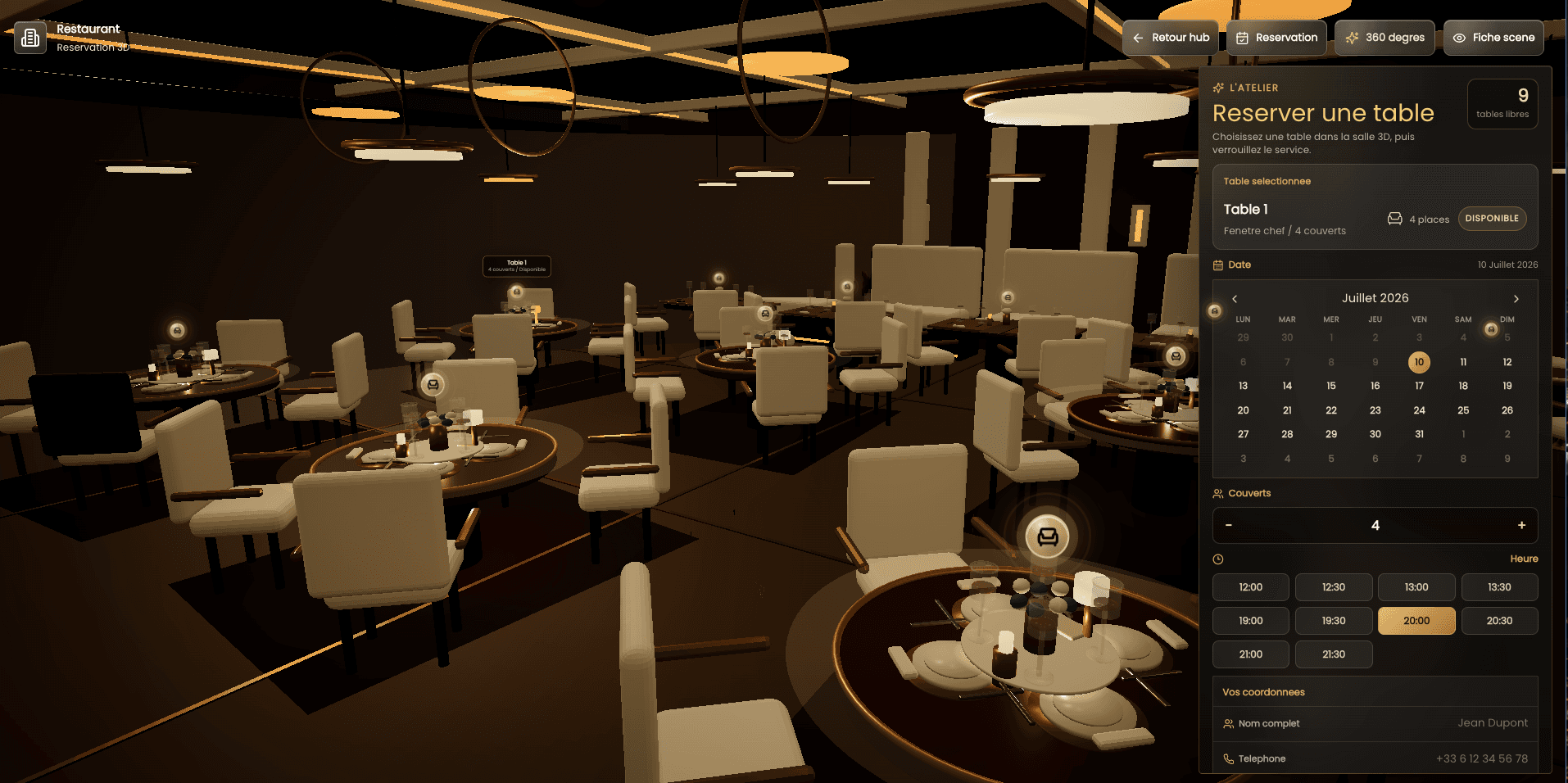 Restaurant 3D immersif avec réservation de table